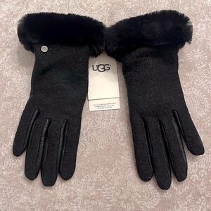 Brand New UGG Wool Black Leather Shorty Touchscreen Tech Gloves Sheepskin Cuff